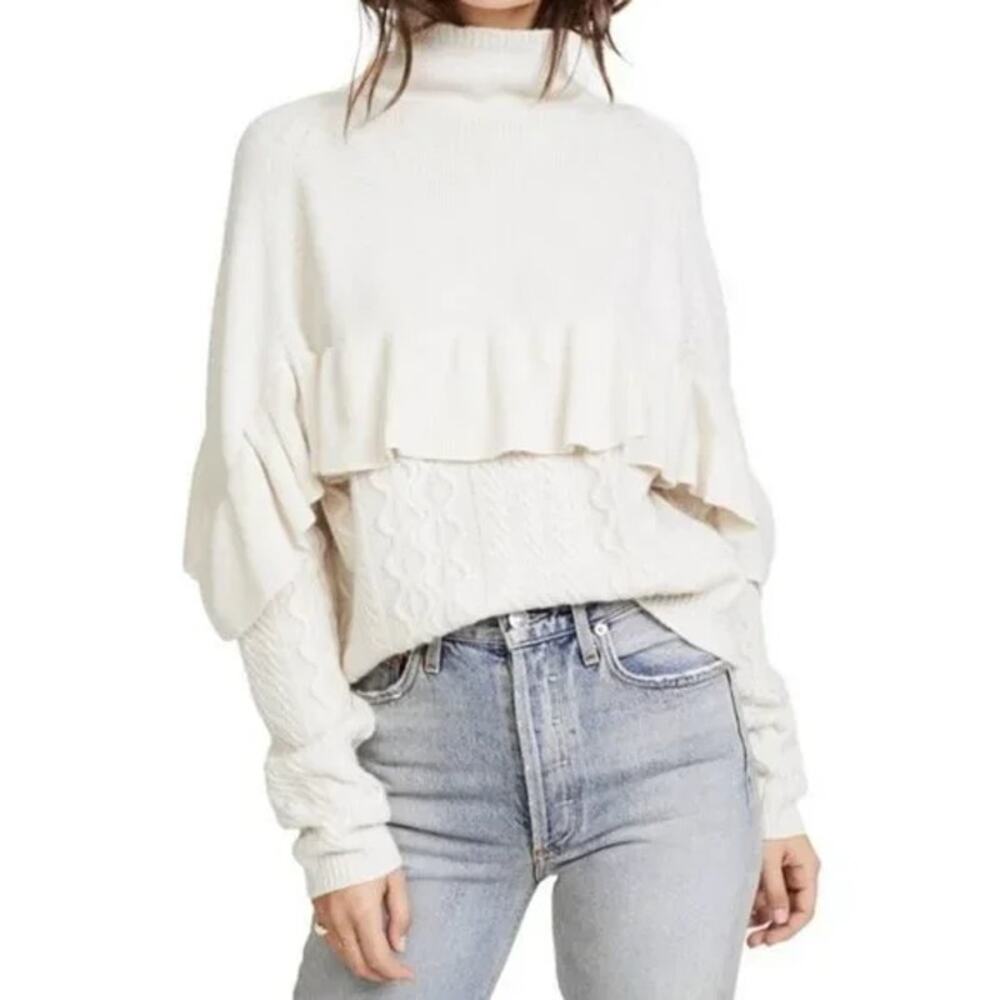 Naadam Volta Ruffle Mock Neck Cable Pullover Sweater Cream Womens Size Medium